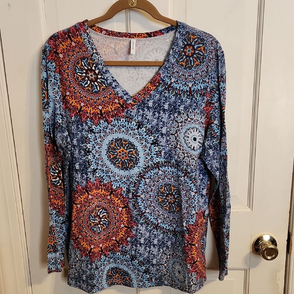 LONGYUAN Long Sleeve Mandala Print Top Multicolor Large